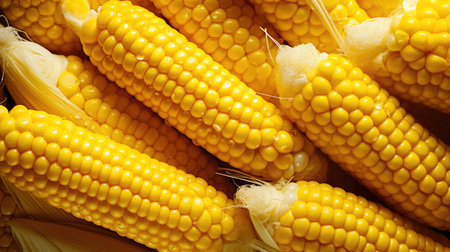 Fresh corn on cobs, close-up. Whole background.の素材