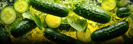 Fresh cucumbers with green leaves and water drops on a yellow backgroundの素材
