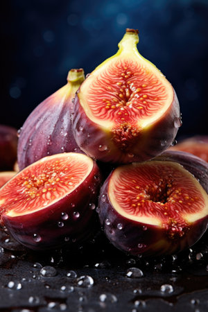 Fresh figs with water drops on a dark background. Selective focus.の素材