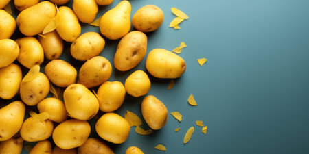 Potatoes on blue background. Flat lay, top view, copy spaceの素材
