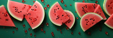 Slices of ripe watermelon on green background, top viewの素材