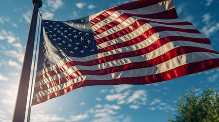 American flag waving in the wind against blue sky.の素材