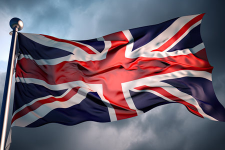 United Kingdom Flag waving in the cloudy skyの素材