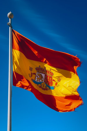 Spanish flag waving in the wind against the blue sky. Spain.の素材