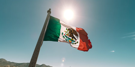 Mexico flag waving in the wind against the sun.の素材
