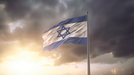 Israel flag waving in the wind against blue and orange sky with cloudsの素材