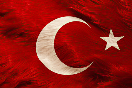 Grunge Turkey flag on red feather background. National flag of Turkeyの素材