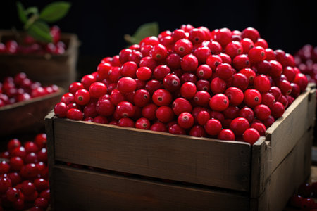 Fresh cranberries in a wooden box on a black background. Selective focus.の素材