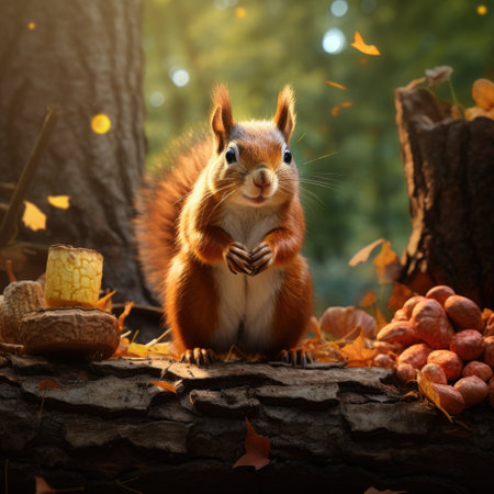 Squirrel in autumn forest. Cute squirrel sits on a log and eats nuts.の素材