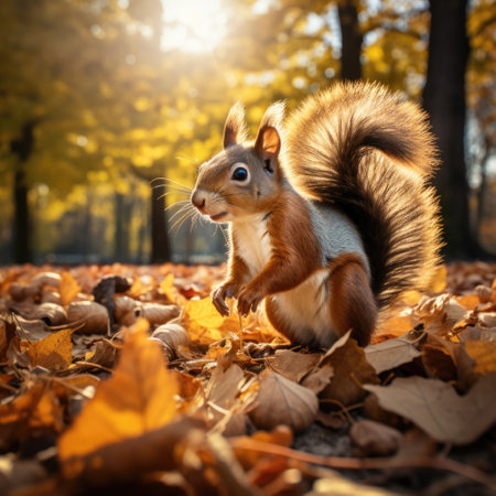 Squirrel in the autumn park. Autumn nature background. Fall season.の素材