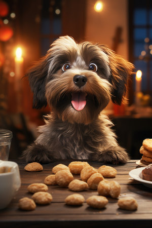 Cute little dog with bowl of tasty cookies on wooden table in roomの素材