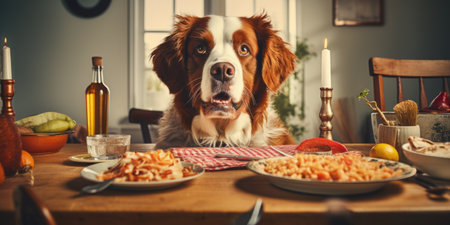 Funny dog sitting at the table with pasta and vegetables in the kitchenの素材