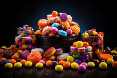 Colorful candies on black background. Top view. Copy space.の素材