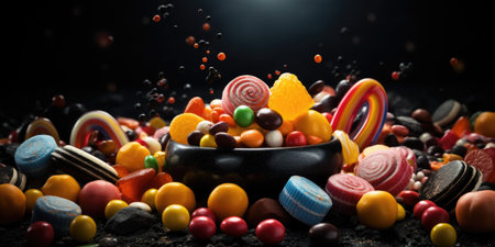 Colorful candies falling into black bowl on black background with copy spaceの素材