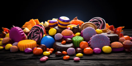 Assorted colorful candies on wooden background. Studio shot. Toned.の素材