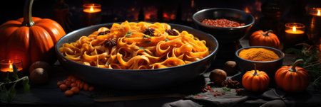 Fettuccine with pumpkin and spices on Halloween table. Selective focus.の素材