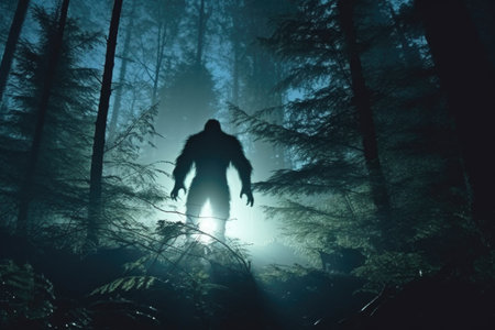 Man walking in the dark forest with fog. Halloween concept. 3D Renderingの素材