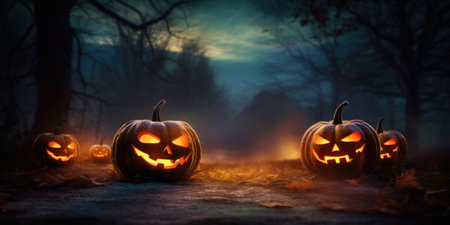Halloween pumpkins in the forest at night.の素材
