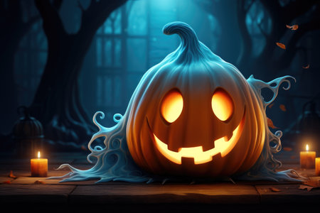 Halloween pumpkin glowing in dark forestの素材