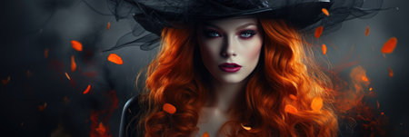 Portrait of beautiful young woman with red hair in witch hat. Halloween.の素材