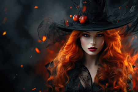 Beautiful red-haired witch in a black hat. Halloween concept.の素材