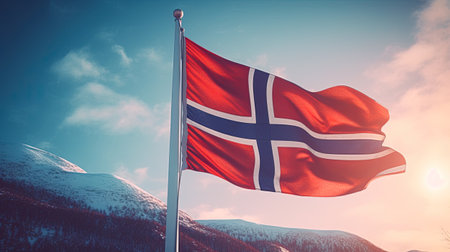 Norway flag waving in the wind against snowy landscape with fir treesの素材
