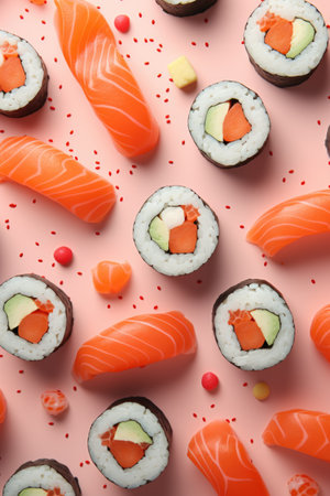 Flat lay composition with delicious sushi rolls on color background, top viewの素材