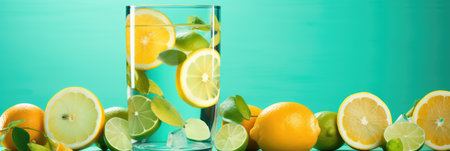 Refreshing lemonade with lime and lemon on a blue backgroundの素材