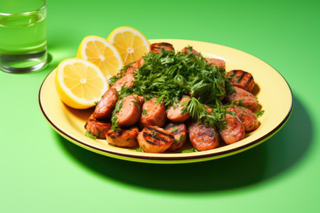 Grilled sausages with herbs and lemon on a yellow plateの素材
