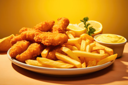 Fried chicken nuggets with French fries and mayonnaise sauceの素材