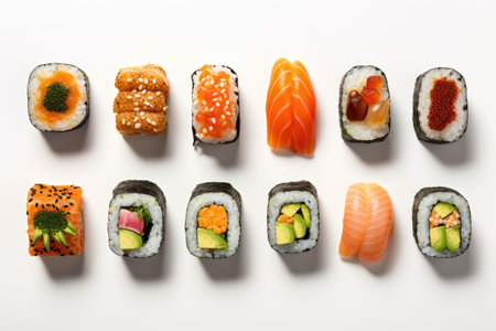 Different types of sushi on white background, top view. Japanese foodの素材