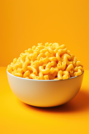 Close up of a bowl of macaroni pasta on orange backgroundの素材