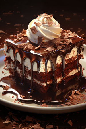 Chocolate cake with whipped cream and chocolate chips on a dark backgroundの素材