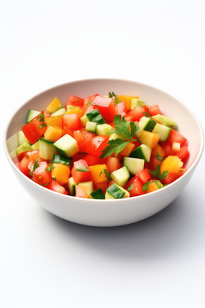 tomato, cucumber and parsley salad in bowl on white backgroundの素材