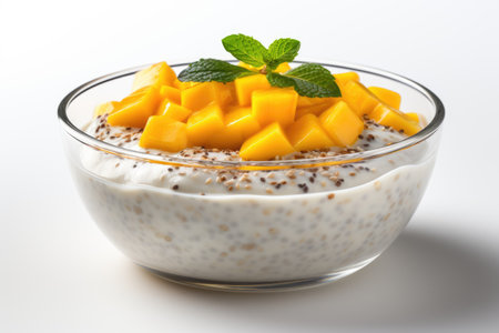 Chia seed pudding with mango and mint in glass bowl on white backgroundの素材