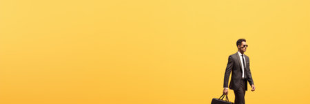 panoramic shot of young businessman in sunglasses holding briefcase on yellowの素材