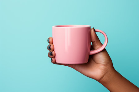 Female hand holding a pink mug on a blue background. Close up.の素材