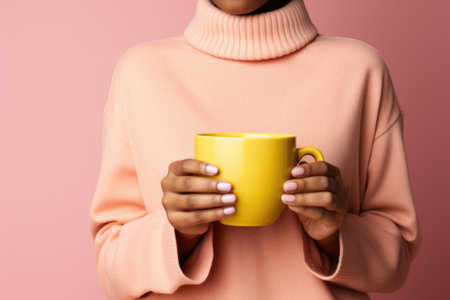 cropped shot of woman in pink sweater holding cup isolated on pinkの素材