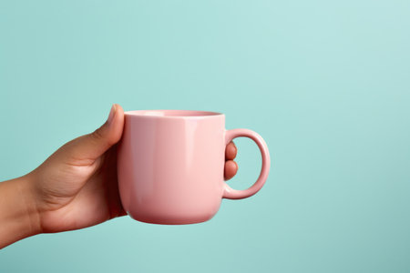 Female hand holding pink cup of coffee or tea on blue background.の素材