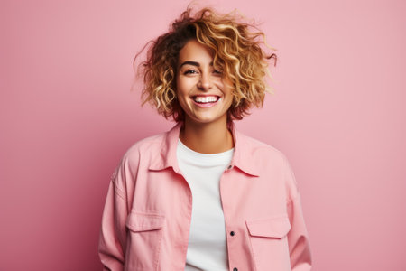 Cheerful young woman with curly hair smiling and looking at camera isolated over pink backgroundの素材
