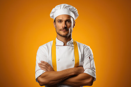 Portrait of a confident male chef in uniform on orange background.の素材