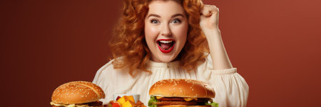 excited young woman with red hair holding hamburgers isolated on redの素材