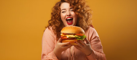happy young woman with curly hair eating hamburger, isolated on yellowの素材
