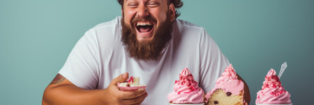 panoramic shot of bearded man eating cupcakes on blue backgroundの素材