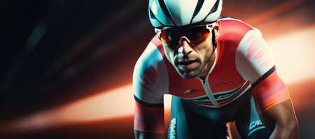 Cyclist with helmet and glasses against composite image of composite image of cycling raceの素材