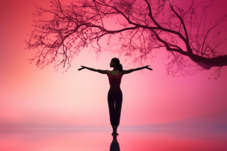 Silhouette of a woman in yoga pose against a pink backgroundの素材