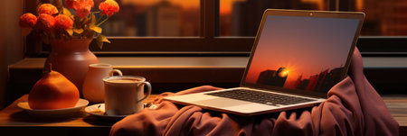 Laptop and coffee cup on a wooden table in front of the windowの素材