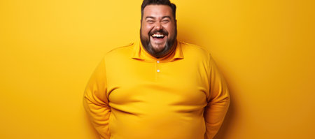 Portrait of a smiling fat man in yellow hoodie on yellow backgroundの素材