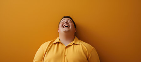 panoramic shot of young man in yellow hoodie laughing on yellow backgroundの素材