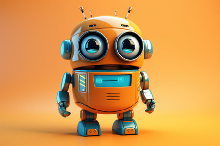3d rendering of a little robot on orange background with copy spaceの素材